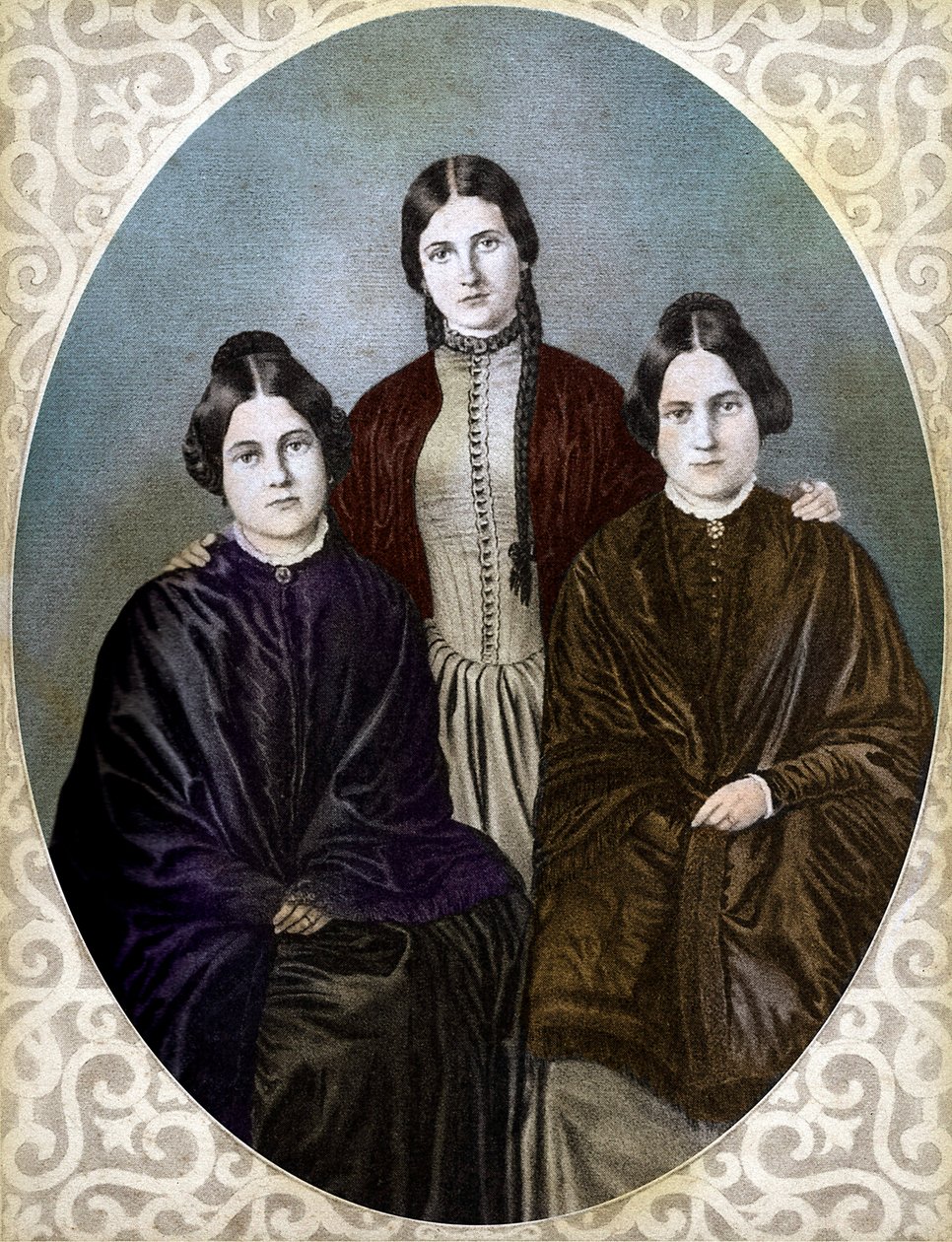 THE FOX SISERS Margaretta, Kate ja Leah ovat spiritualisteja pioneereja (Fox Sisters: vasemmalta oikealle: Margaret tai Maggie (1837-1893), Kate (1828-1892) ja Leah (1814-1880), spiritualismin ja spiritualismin pioneereja tekijältä Unknown artist