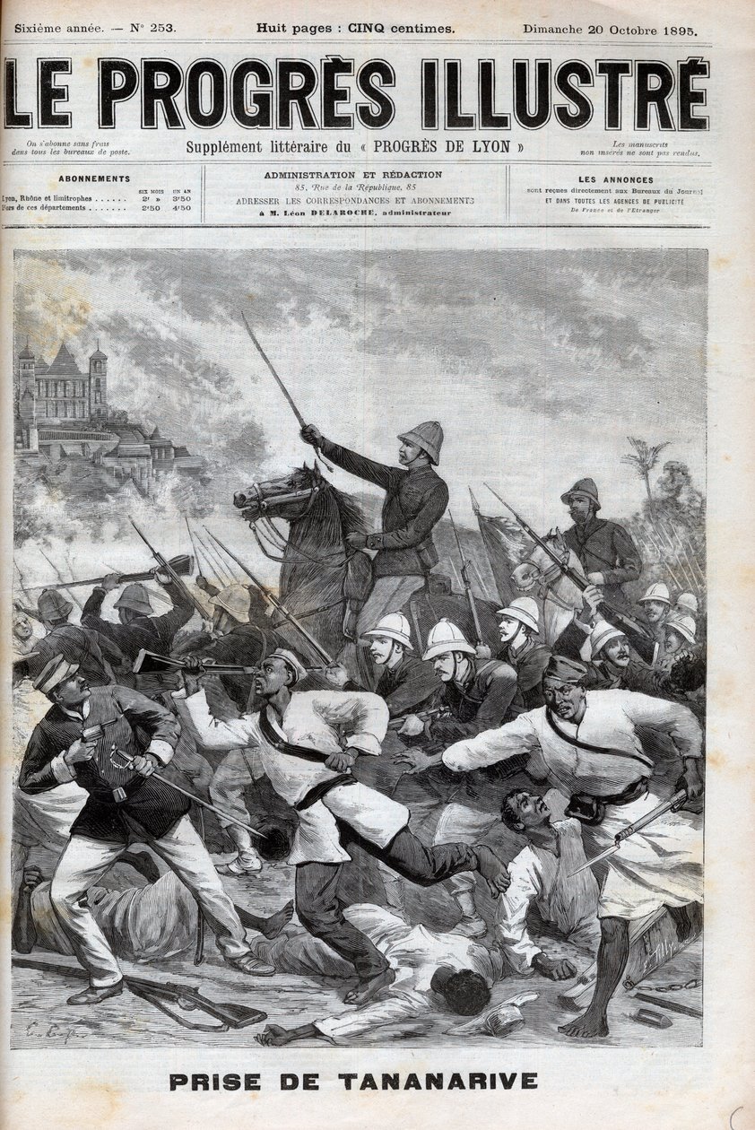 Antananarivon valtaaminen - Ranskan armeija hyökkäsi Antananarivoon 1895 - Conquete de Madagascar. - Ranskan retkikunta valtasi Tananariven 30. syyskuuta 1895 - kaiverrus "" Le Progres illustrious" -kirjaan, de 1895 tekijältä Unknown artist