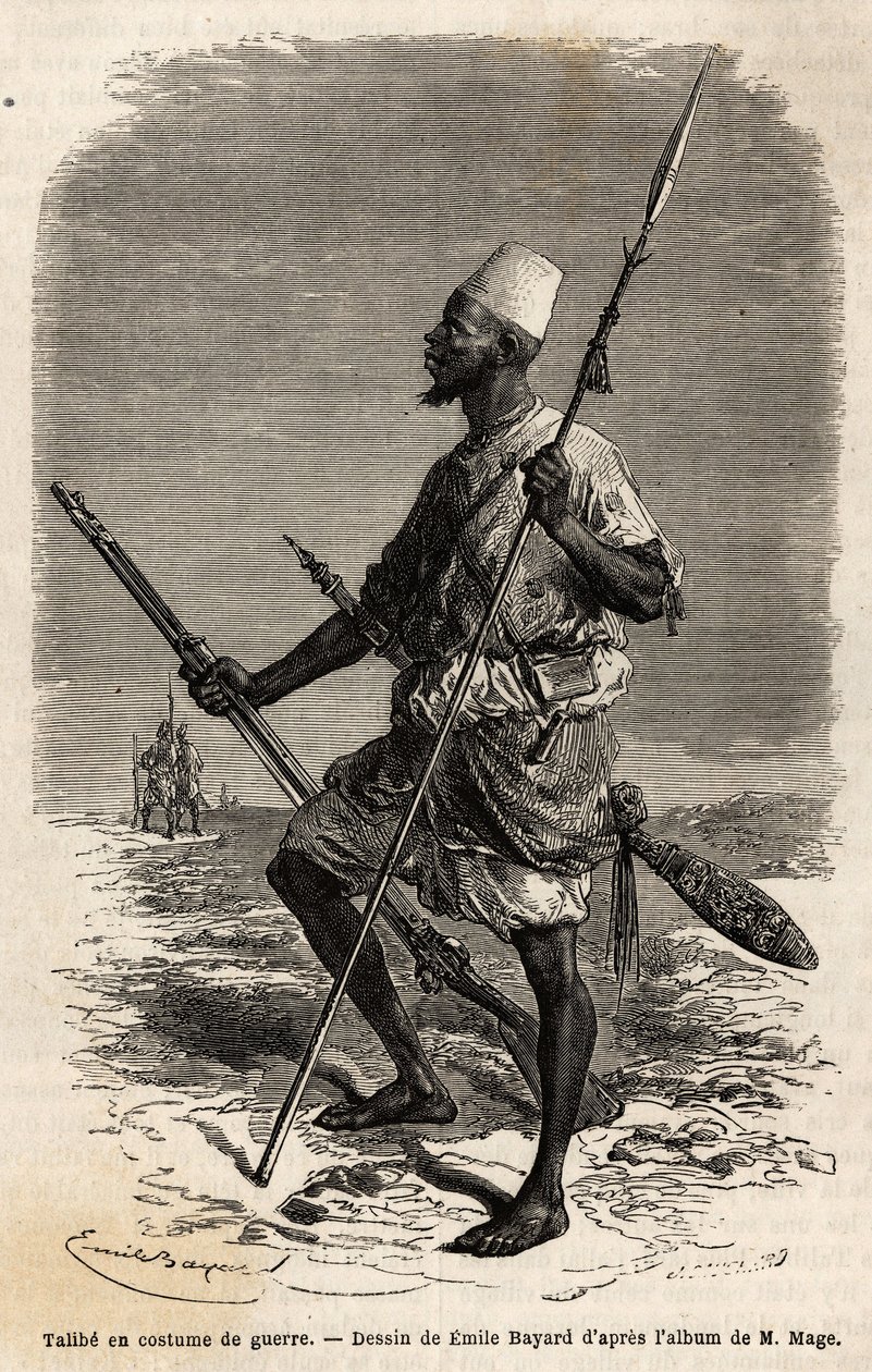 Talibe (nuori opiskelija, joka opiskelee Koraania) kuningas Ahmadun (Toucouleur) armeijasta sotapuvussa. Kaiverrus havainnollistamaan luutnantti (laivasto) M.Magen matkaa Länsi-Sudaniin vuosina 1863-1866, julkaistu lehdessä "Le tour du monde, nouveau journ tekijältä Unknown artist