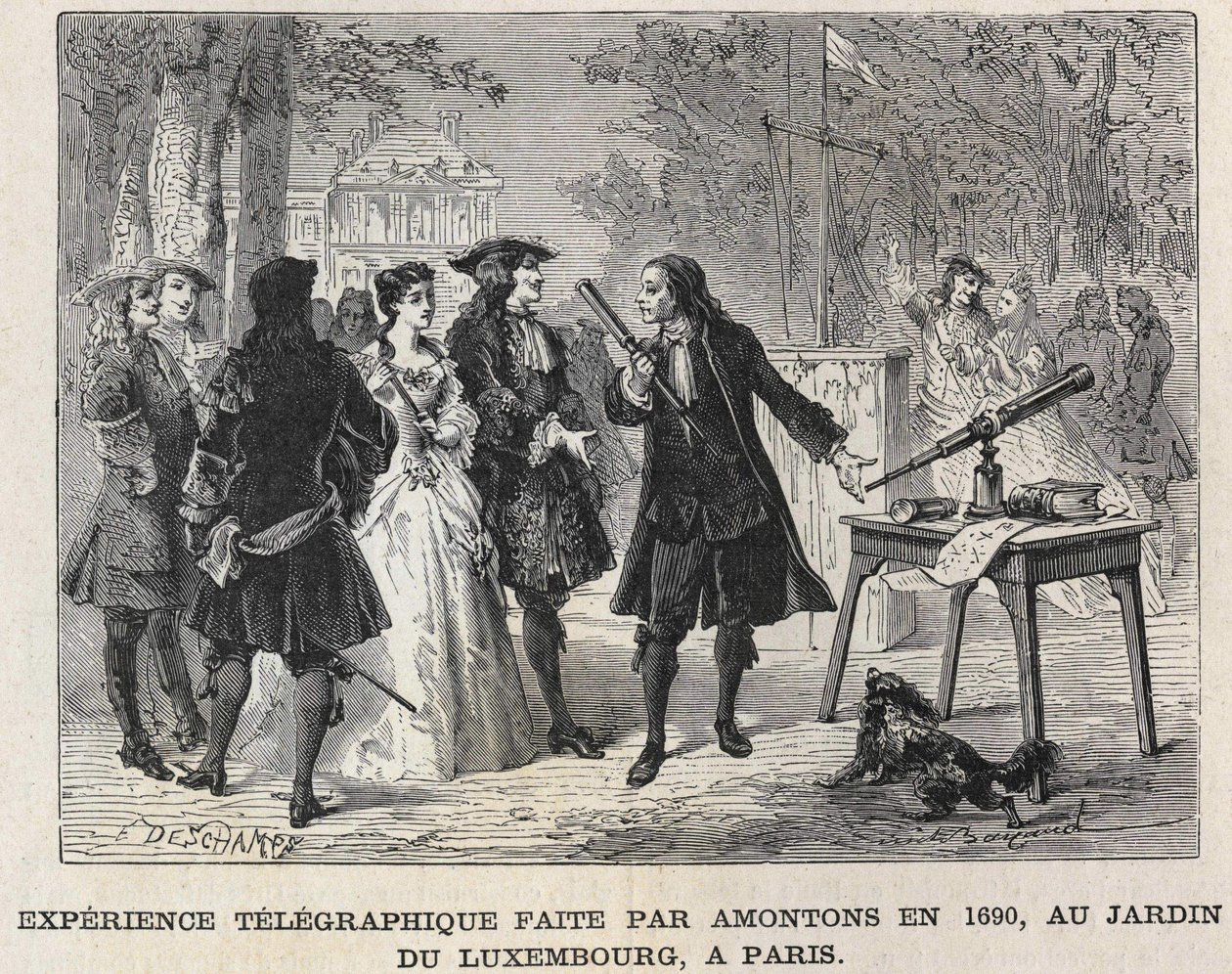 Guillaume Amontonsin vuonna 1690 tekemä lennätyskoe Luxembourg Gardenissa Pariisissa, kaiverrus 1800-luvulta. Bianchetti kokoelma tekijältä Unknown artist
