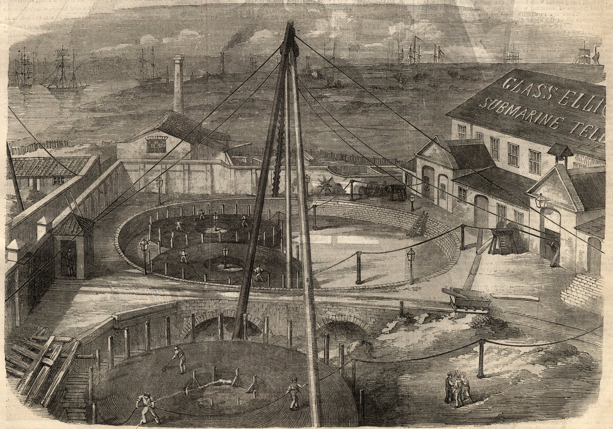 Lennätys: Glassin tehtaalla Elliot and Companyssa East Greenwichissä (Englanti) valmistettu transatlanttinen kaapeli on valmis toimitettavaksi. Kaiverrus "" The Illustrated London News" -julkaisuun 14. maaliskuuta tekijältä Unknown artist