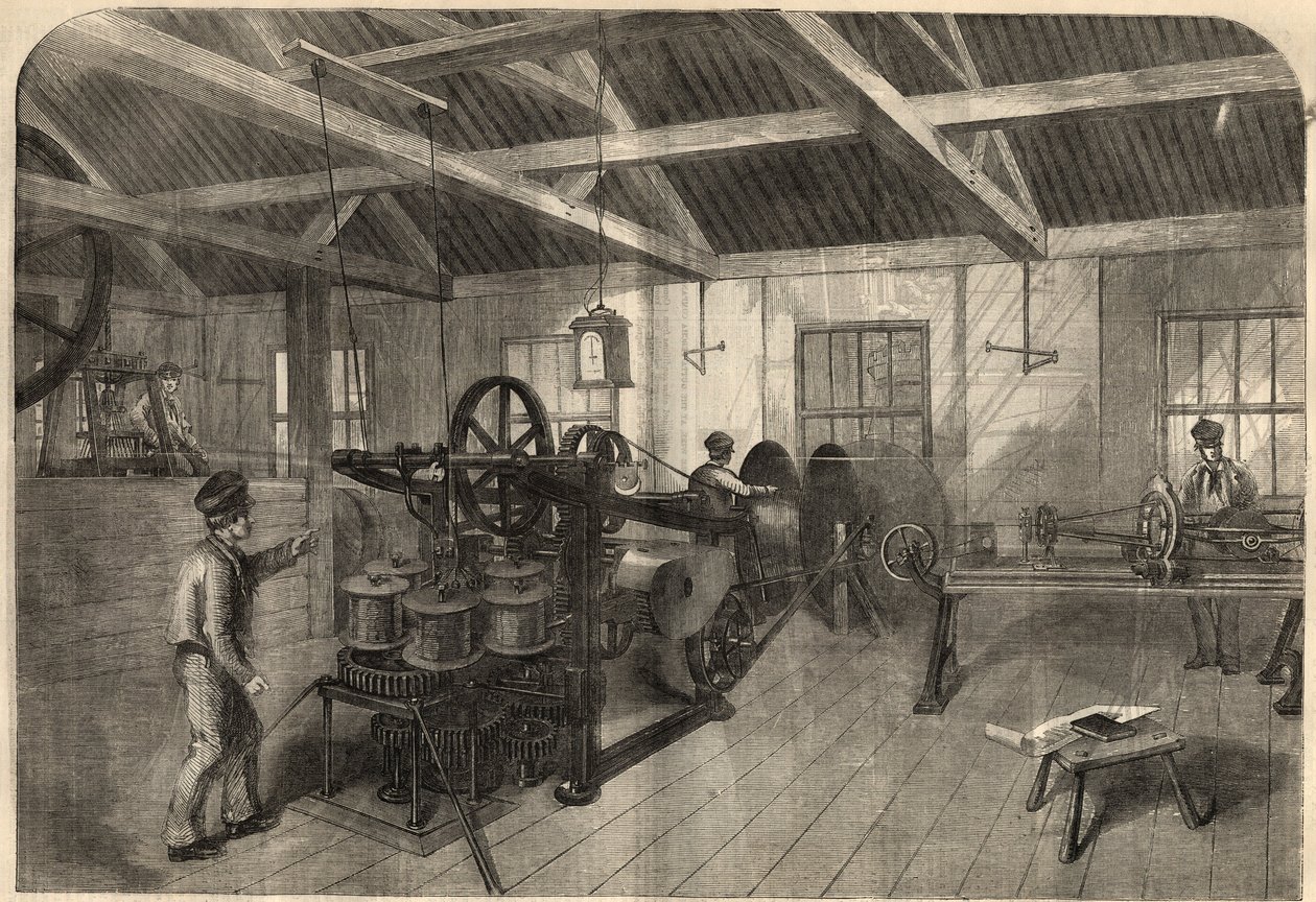 Lennätys: Atlantin ylittävien kaapelien valmistus Glass, Elliot and Companyn tehtaalla East Greenwichissä (Englanti). Kaiverrus "" The Illustrated London News" -julkaisuun 14. maaliskuuta tekijältä Unknown artist