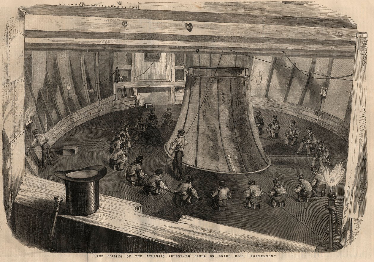 Lennätys: Atlantin ylittävän kaapelin käämitys aluksella H.M.S. "" Agamemnon""". Kaiverrus "" The Illustrated London News" -julkaisussa 1. elokuuta tekijältä Unknown artist