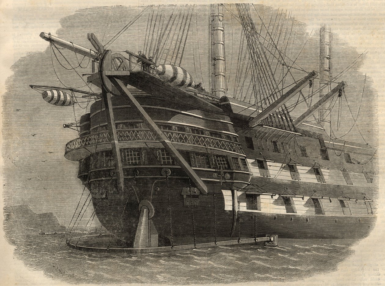 Lennätys: näkymä aluksen perästä H.M.S. "Agamemnon", joka laskee ensimmäisen transatlanttisen kaapelin. Kaiverrus "" The Illustrated London News" -julkaisuun 5. kesäkuuta tekijältä Unknown artist