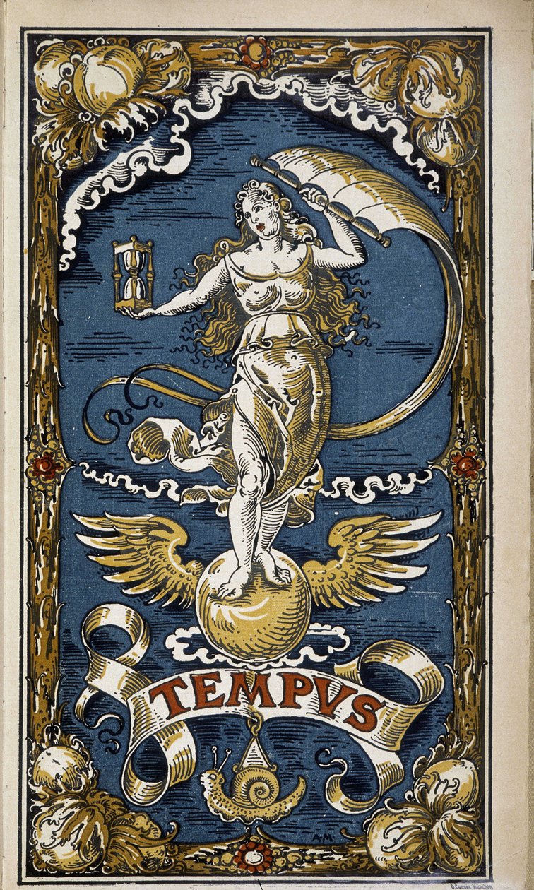 Tempus: ajan allegoria (naispuolinen hahmo tiimalasilla, tuuli, siivet), kuvitus kalenteriin 1889. tekijältä Unknown artist