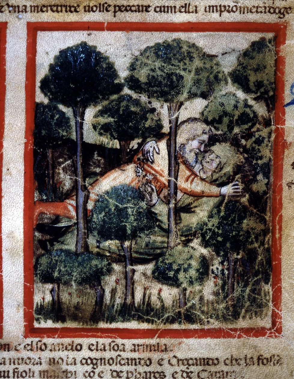 Thamar (Tamar) on Amnonin (Ammon) omistuksessa” Miniatyyri otettu Codex 212:sta (tai Padovan koodeksista tai Padovan Raamatusta) 1390-1400 Rovigo, Accademia dei Concordi tekijältä Unknown artist