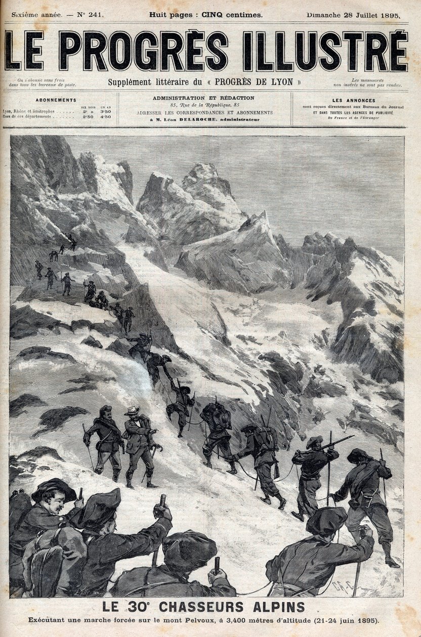 30. alppimetsästäjät suorittamassa pakkomarssia Pelvoux-vuorella 3400 metrin korkeudessa 21.-24.6.1895 - kaiverrus "Le Progres illustrious"" vuodelta 1895 tekijältä Unknown artist
