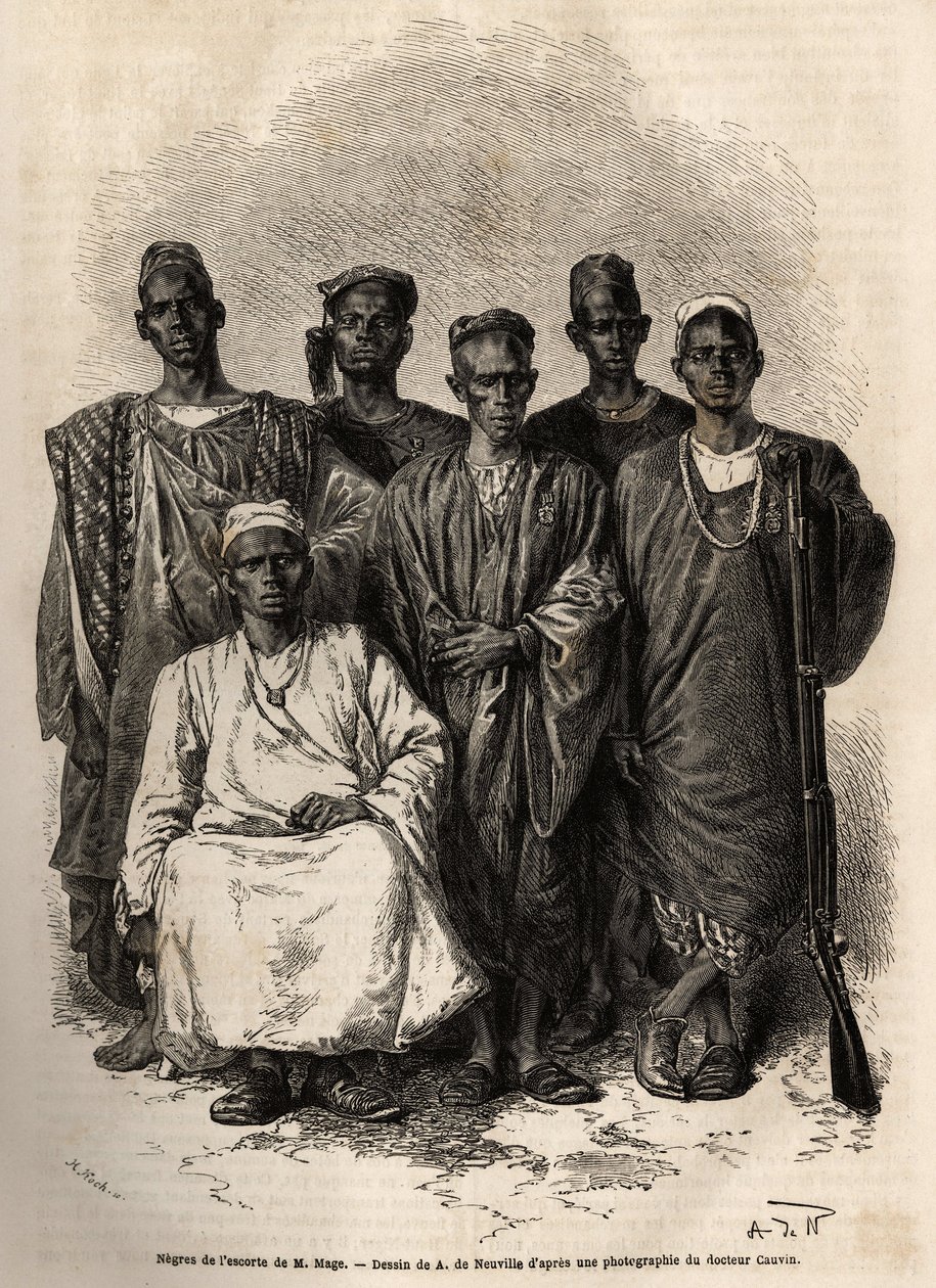 Magen afrikkalainen saattaja, laivaluutnantti, lähetettiin tehtävään Nigeriin. Kaiverrus havainnollistamaan tarinaa Luutnantti Magen matkasta Länsi-Sudanissa vuosina 1863–1866, julkaistu "Le tour du monde, nouveau journal des voyages" -lehdessä, toimittanu tekijältä Unknown artist