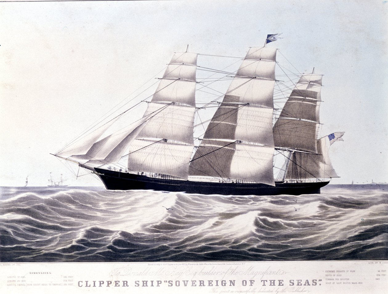 Amerikkalainen leikkuri Sovereign of the Sea noin 1852. 1800-luvun litografia tekijältä Unknown artist