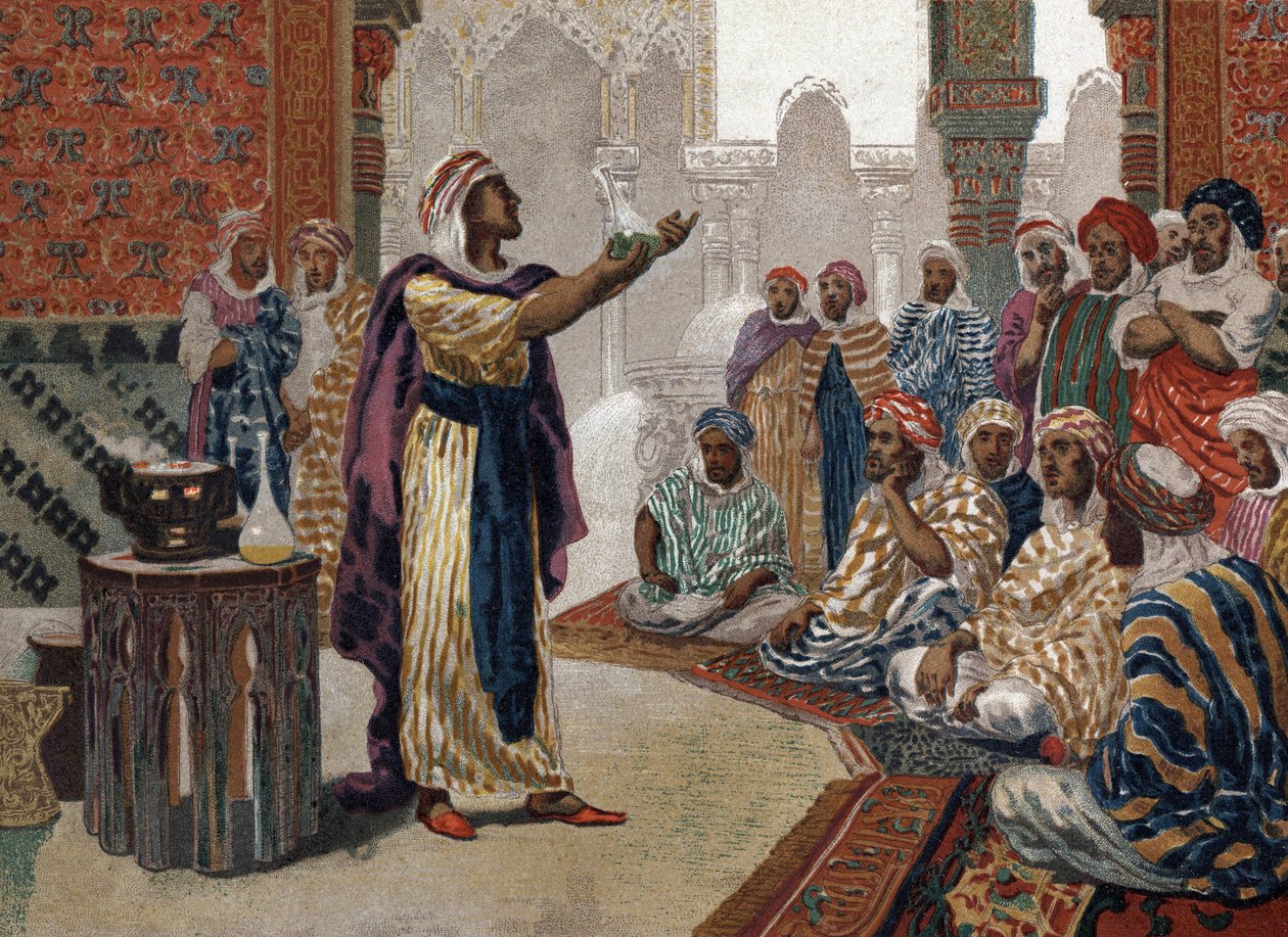 Arabialkemisti Geber (Jâbir ibn Hayyan) (v721-v815), einching kemia. Barcelona 1881 tekijältä Unknown artist
