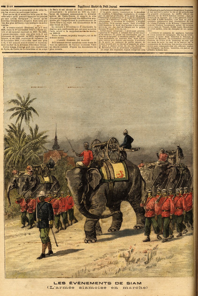 Siamin armee (Thaimaa). Kaiverrus "" Le petit Journal" -lehdessä 29/07/1893. Selvan kokoelma. tekijältä Unknown artist