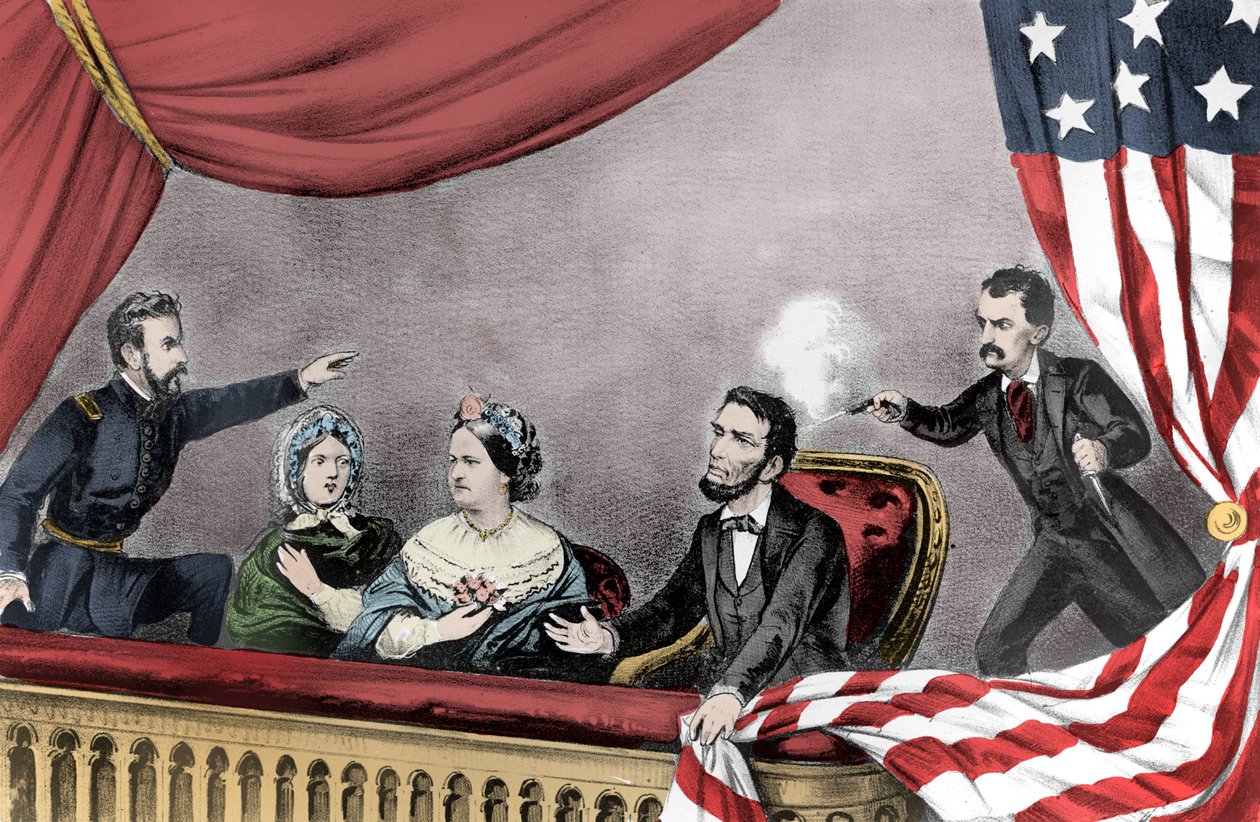 John Wilkes Boothin Abraham Lincolnin salamurha Fordin teatterissa Washington DC:ssä 14. huhtikuuta 1865 - Presidentti Abraham Lincolnin (1809-1865) salamurha 14. huhtikuuta tekijältä Unknown artist