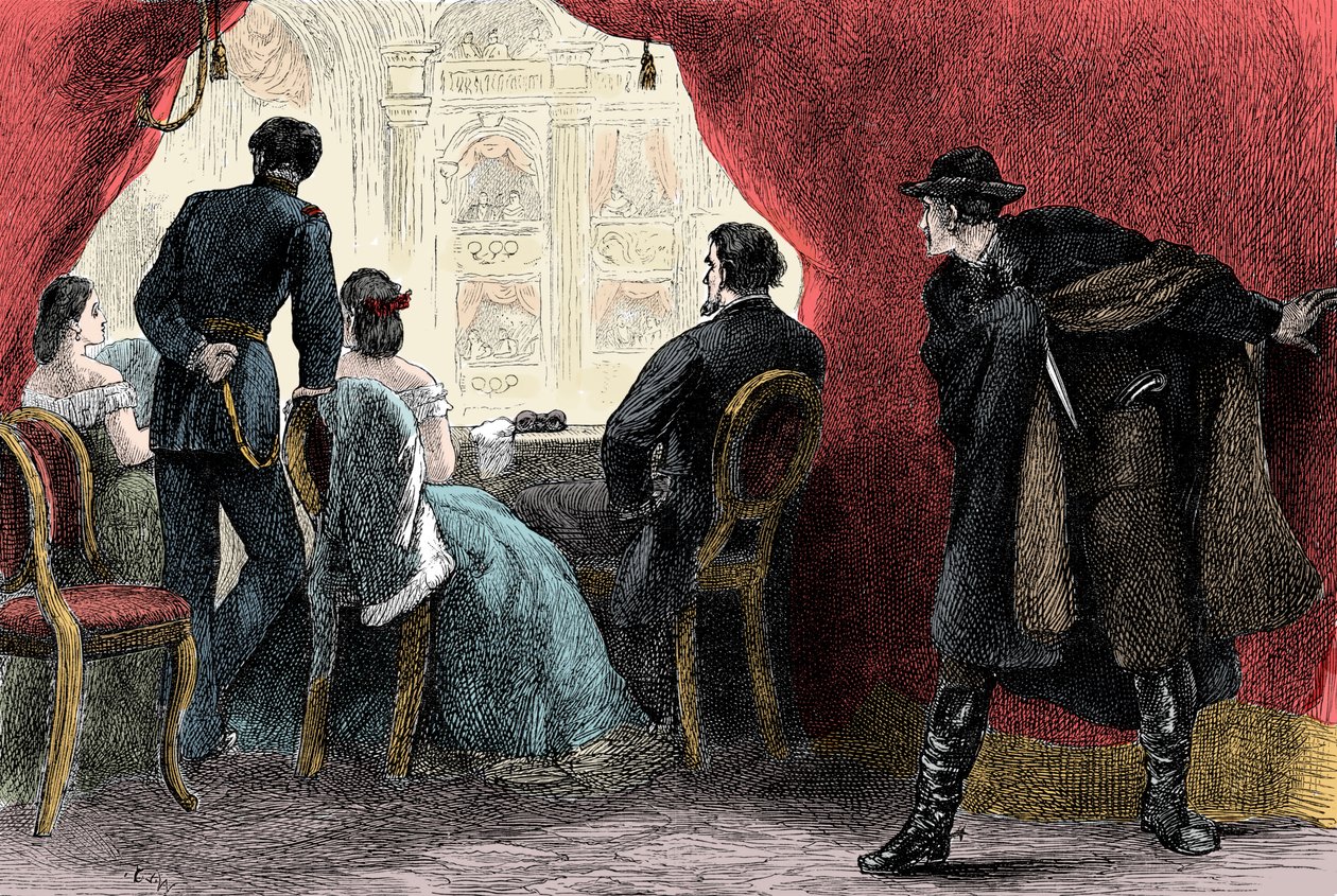 John Wilkes Boothin Abraham Lincolnin salamurha Fordin teatterissa Washington DC:ssä 14. huhtikuuta 1865 - Presidentti Abraham Lincolnin (1809-1865) salamurha 14. huhtikuuta tekijältä Unknown artist