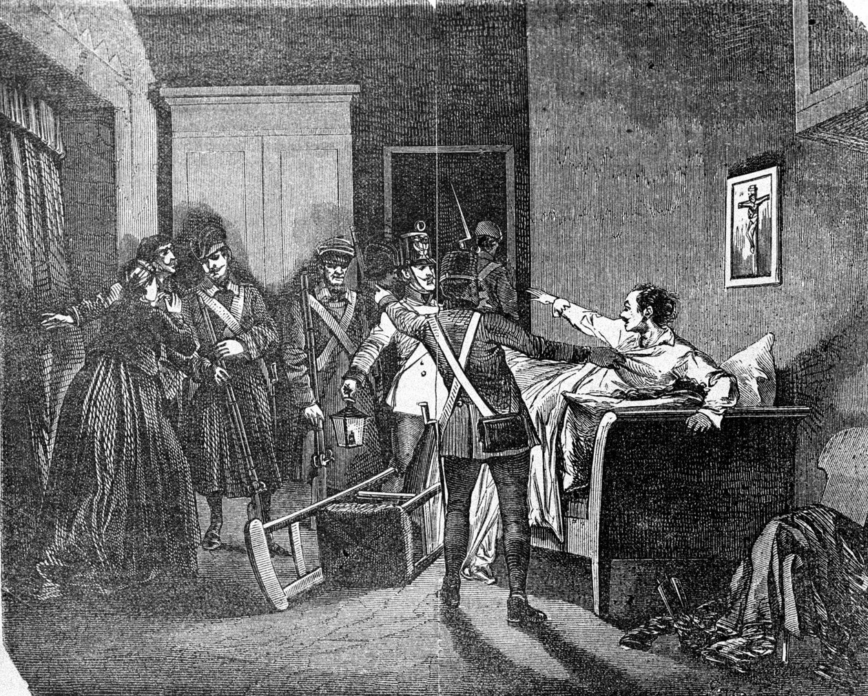 Itävalta-Unkarin poliisi pidätti salaisen poliittisen seuran jäsenen carbonaron (carboneria, hiiliteollisuus). Kaiverrus 1800-luvulta. tekijältä Unknown artist