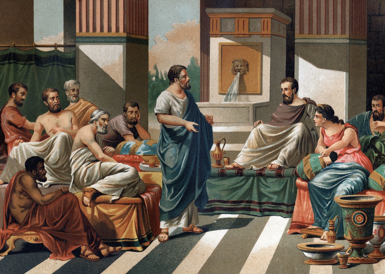 Perianterin (Tyrannin tai Korintin kuninkaan) juhlat Kreikan seitsemälle viisaalle. vasemmalta oikealle: Bias, Esop, Anacharis, Cleobule, Solon, Pythagoras, Periander ja hänen vaimonsa Melisse. "" La Ciencia y sus Hombres by Louis Figuier" jälkeen". Barcel tekijältä Unknown artist