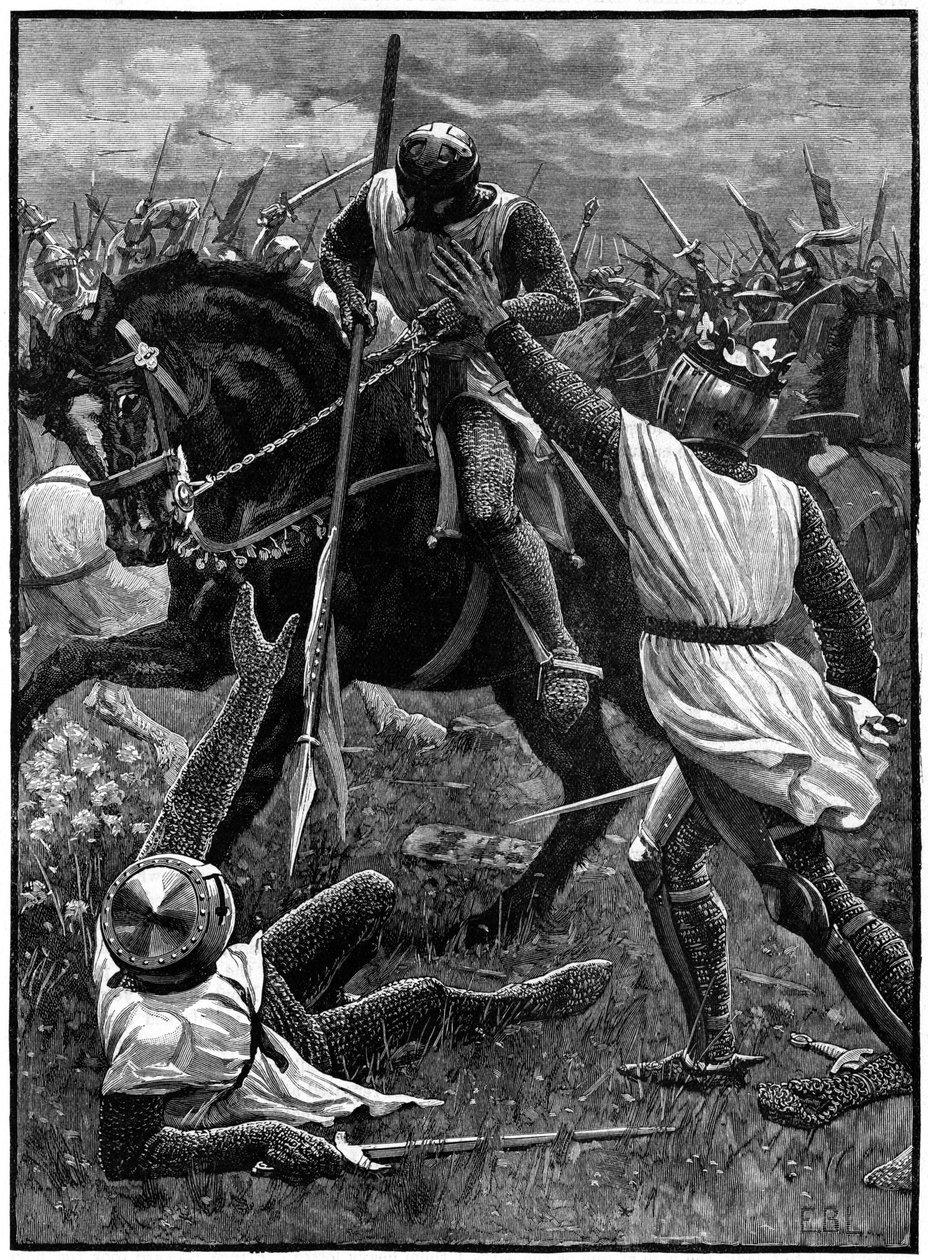 Eveshamin taistelu, 4. elokuuta 1265. (n. 1800). Evesham merkitsi toisen paronien sodan loppua. Prinssi Edwardin (Edward I) johtamat kuninkaalliset joukot voittivat Simon de Montfortin (c1208-1265), joka kuoli taistelussa. Täällä Henrik III (1207-1272), jo tekijältä Unknown artist