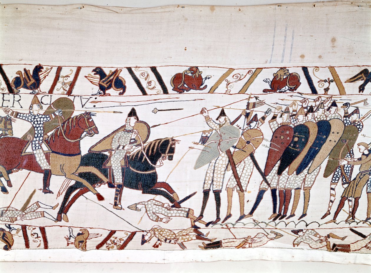 Hastingsin taistelu, jonka William I Valloittaja (1027 - 1087) voitti 14.10.1066 ja jonka aikana Englannin kuningas Harold II kuoli (1022 - 1066). Bayeux