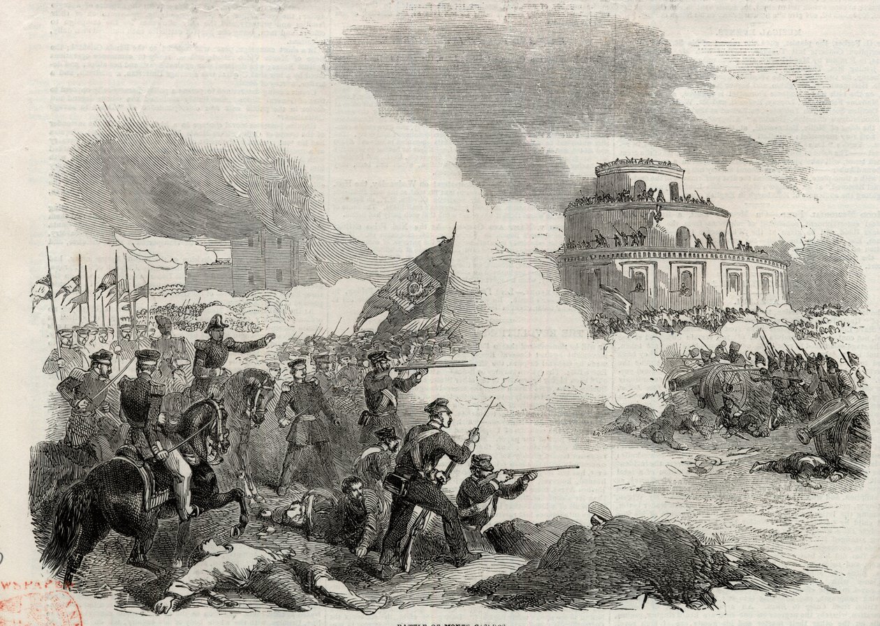 Monte Caserosin taistelu huhtikuussa 1852 - Justo Joseph de Urquizan (1801-70) kapina; - Caseroksen taistelu tai Caseros-vuoren taistelu 3. helmikuuta tekijältä Unknown artist