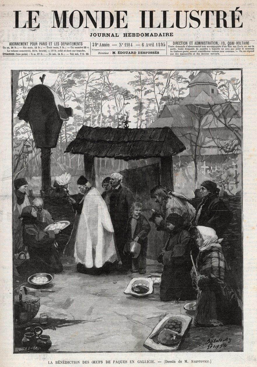 Pääsiäismunien siunaus Galiciassa (Pikku-Venäjä) - kaiverrus vuoden 1895 "Kunnolliseen maailmaan" tekijältä Unknown artist
