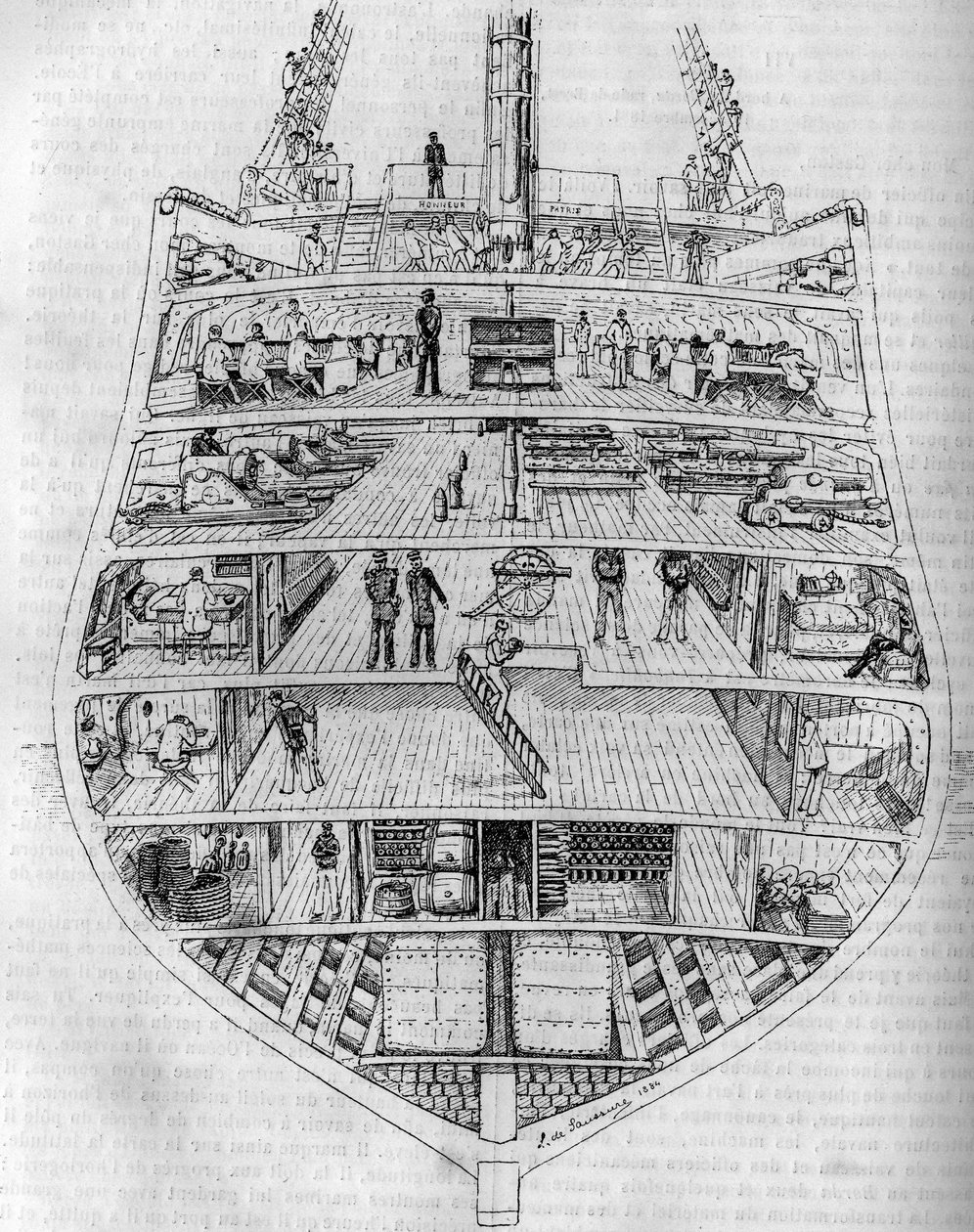 "Borda": veneen poikkileikkaus. M. L. de Saussuren piirustus. Kaiverrus "Le Journal de la jeunesse" tekijältä Unknown artist