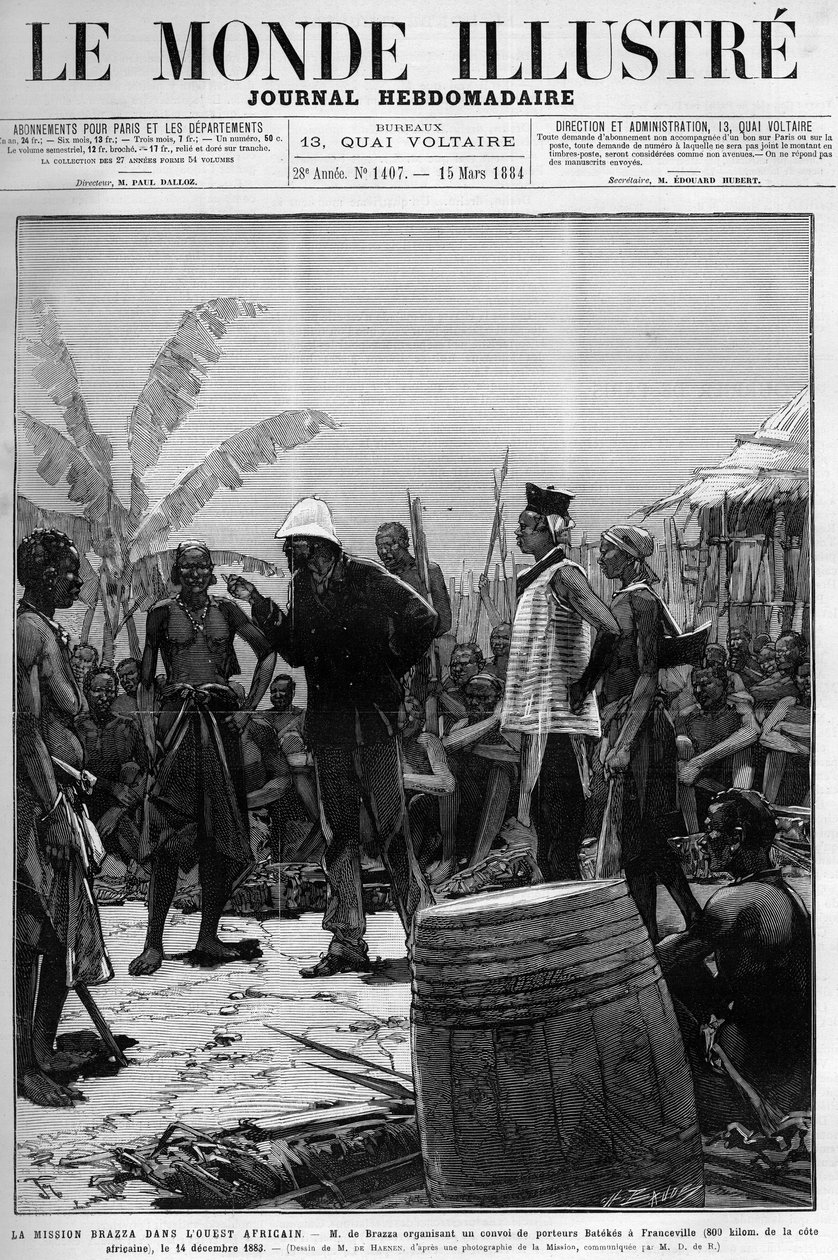 Brazzan lähetystyö Länsi-Afrikassa: Pietro Paolo Savorgnan di Brazza tai Pierre Paul Francois Camille Savorgnan de Brazza (1852-1905) järjestämässä Batekes-kuljettajien saattuetta Francevilleen (Gabon) 14. joulukuuta tekijältä Unknown artist