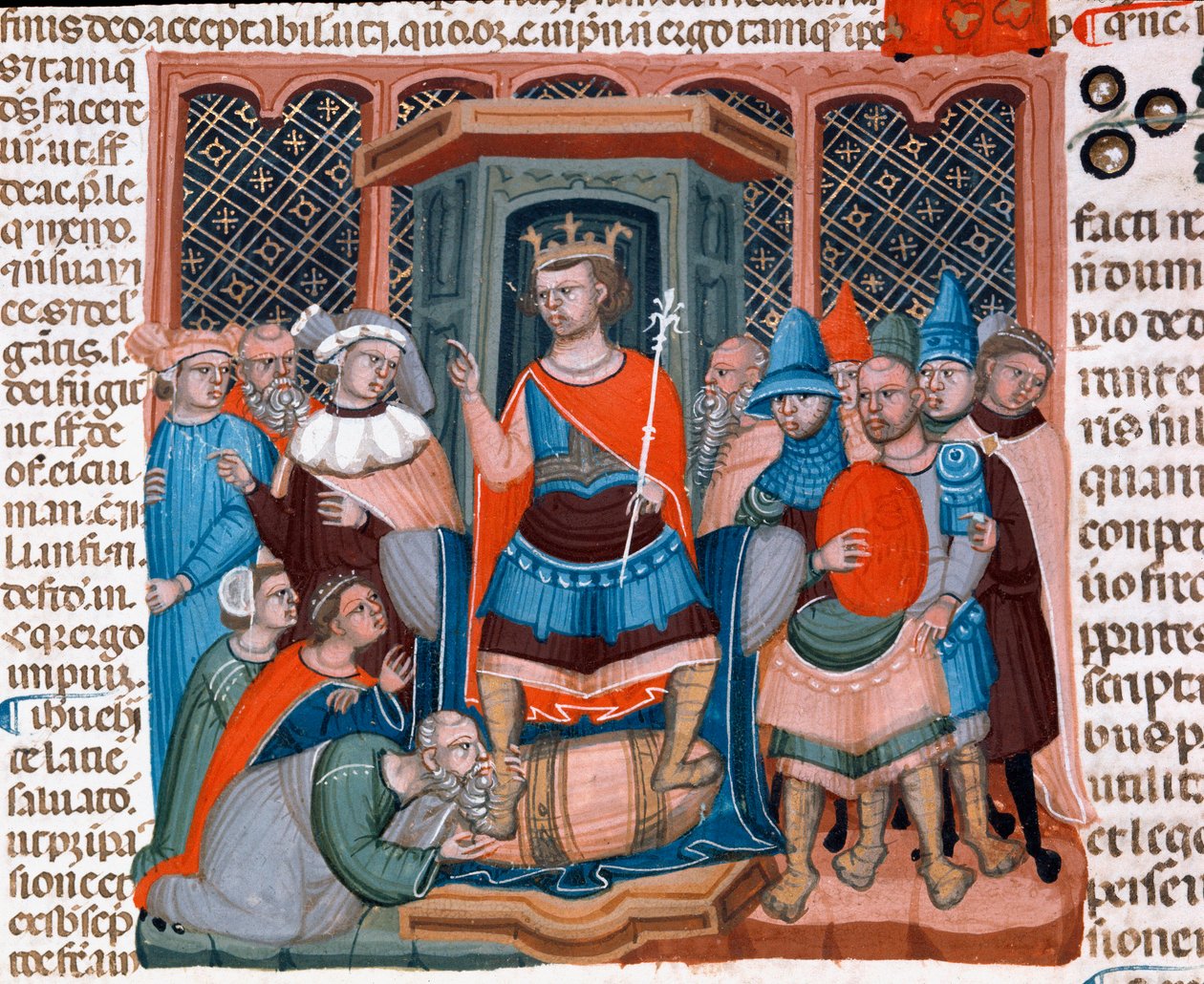 Bysantin keisari Justinianus I (482-565) ympäröi juristeja ja sotilaita miniatyyrioikeudessa, joka on peräisin Justinianuksen koodista (Codex Justinianus), kokoelma lakeja ja instituutioita, jotka julkaistiin Bysantin keisarin Justinianus I:n (483-565) ala tekijältä Unknown artist