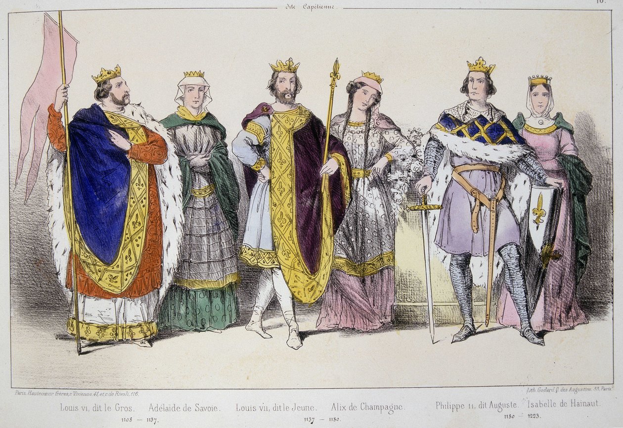 Kapetsialaiset. Vasemmalta oikealle: Ludvig VI sanoo Gros (1081 - 1137), Adelaide tai Alix of Savoy (? -1154), Ludvig VII sanoo nuoremman (1120 - 1180), Alix of Champagne (1140-1206), Filip II sanoo Augustus (1165-1223) ja Isabella of Hainaut (1170-1190). tekijältä Unknown artist