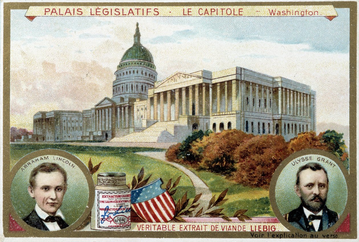 Capitol, American Congress Palace, Washington (USA), jossa muotokuvia Abraham Lincolnista (1809-1865) ja Ulysses Grantista (1822-1885) - Liebig-kromolitografia tekijältä Unknown artist