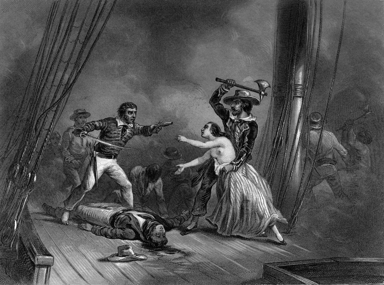 Karibian merirosvo Morgan sieppaa kauniin espanjalaisen. Van Tenacin teoksessa "General History of the Navy". tekijältä Unknown artist