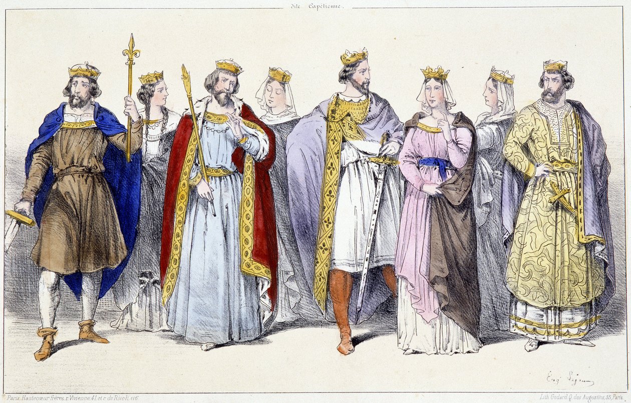 Karolingit: Hugues Capet, Adelaide, Robert, Constance, Henry I, Anne of Russia, Berthe, Philippe I - teoksessa ”Ranskan kuninkaat ja kuningattaret vedoksissa”, Pariisi, toim. Swift tekijältä Unknown artist