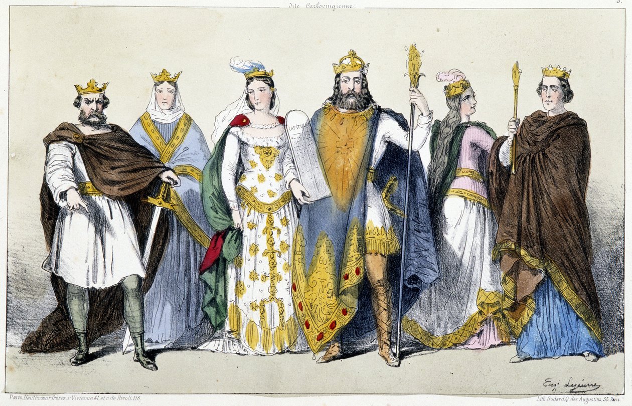Karolingit: Pepin Brief (715-768) ja Bertrade of Laon (720-783), Kaarle I Kaarle Suuri (742-814) ja Hildegarde Vintzgausta (758-783), Ludvig I Pieux tai Debonnaire (778) -840) ja Ermengarde of Hesbaye (n. tekijältä Unknown artist
