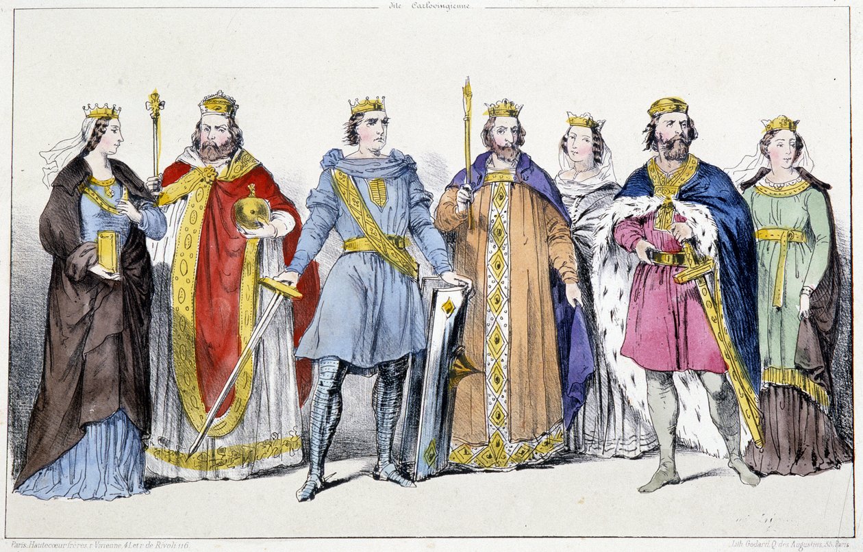 Karolingit: Richarde (845-887 jälkeen) ja Charles III Le Gros (839-888), Kärntenin Arnulf (noin 850-899), Louis IV Outremer (920-954) ja Gerberge Germaniasta (913-984) , Lothaire IV (941-986) ja Italian Emma (948-1006) - Kingsin ja Fr:n lautanen tekijältä Unknown artist