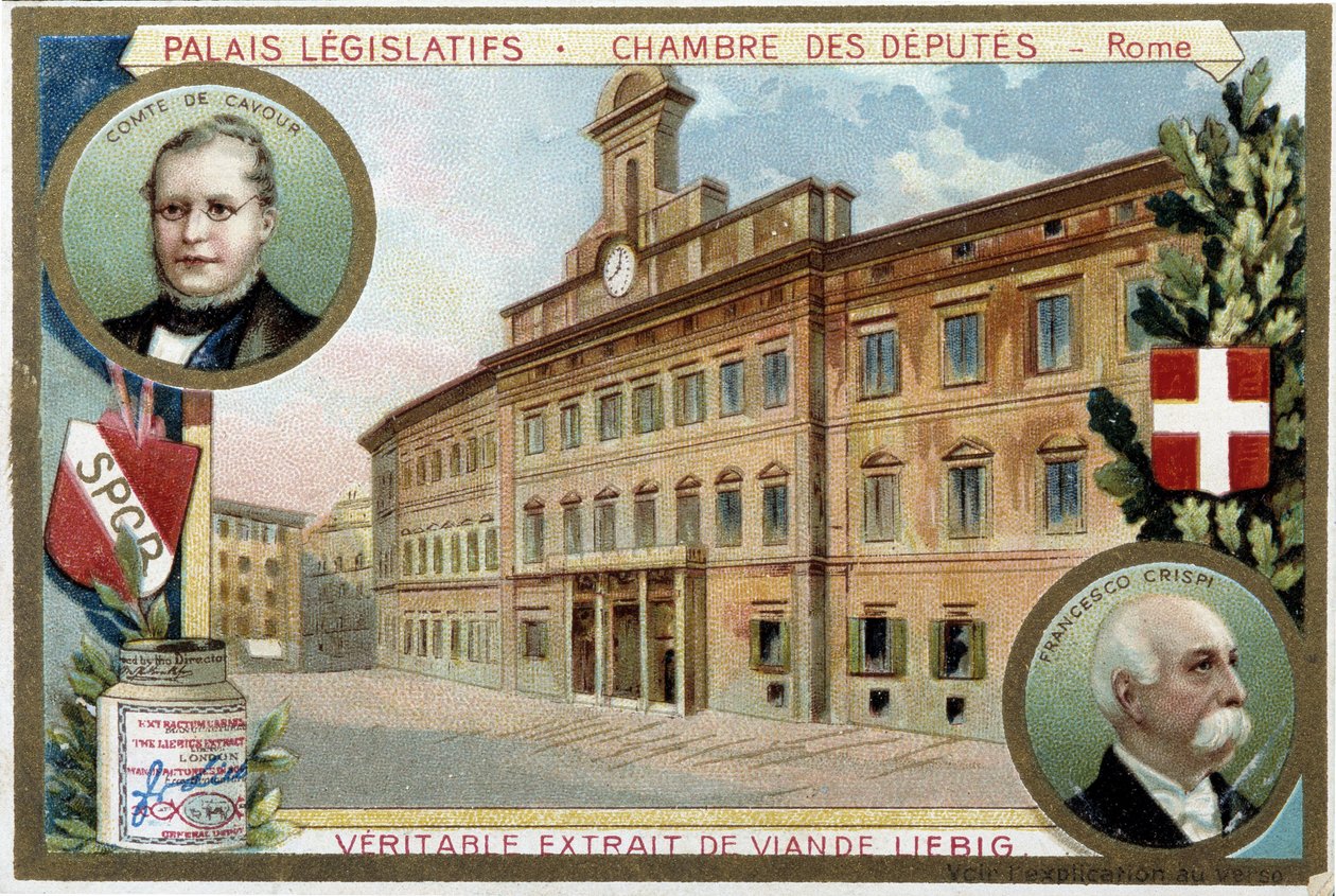 Edustajakamari Roomassa (Italia), jossa on muotokuvia kreivi Camillo Benso de Cavourista (1810-1861) ja Francesco Crispistä (1819-1901) - Liebig-kromolitografia tekijältä Unknown artist