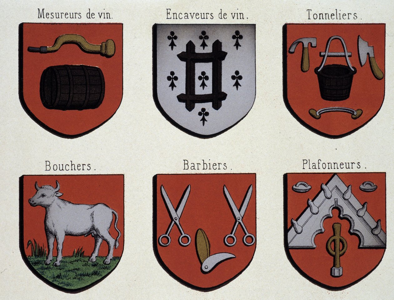 Gentin vaakunat (esimerkki keskiajan vaakunoista): Viininmittaajat, viiniluolaajat, Cooperers, teurastajat, parturit, kattotiilit tekijältä Unknown artist