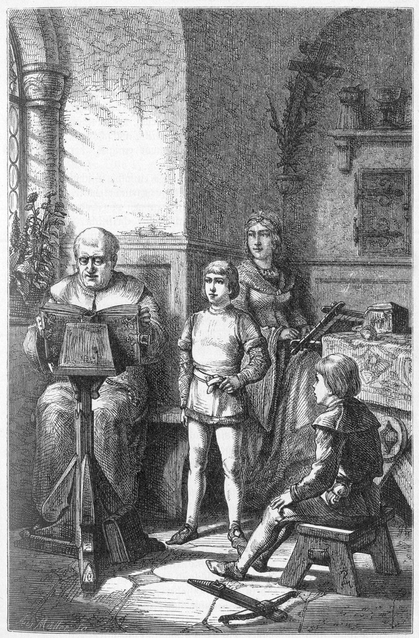 Constance Eveque lukee Saksan historiaa Conradissa, joka tunnetaan nimellä Conradin de Hohenstaufen (1252-1268) ja Frederic I Baden-Badenista ((Friedrich I von Baden-Baden). tekijältä Unknown artist