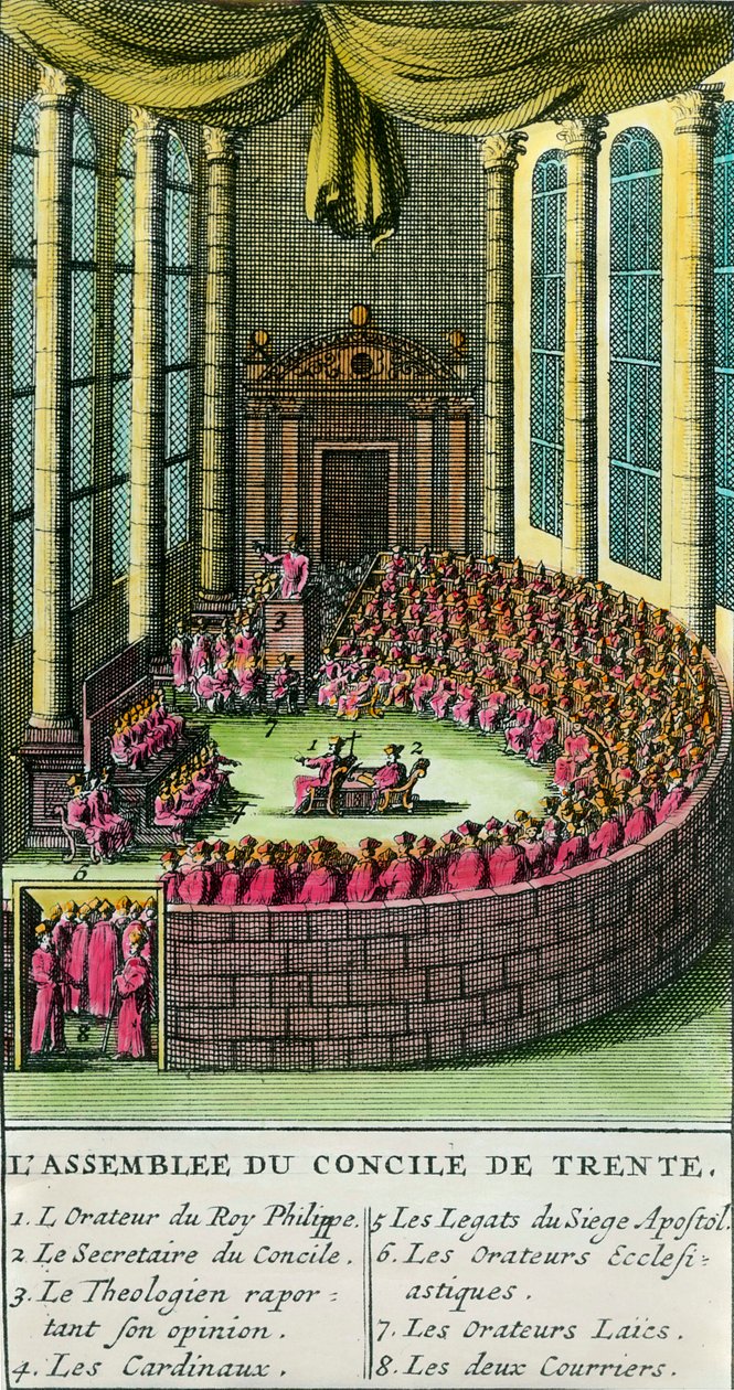 Trenton kirkolliskokous. Kuva, jossa kuvaukset kokouksessa läsnä olevista jäsenistä. Trenton kirkolliskokouksen kutsui koolle paavi Paavali III (Roomalaisen katolisen kirkon edustaja) vuonna 1545 vastauksena Martti Lutherin pyyntöön. tekijältä Unknown artist