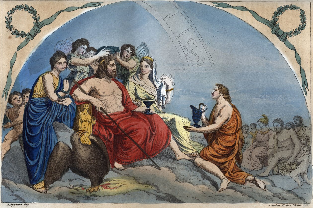 Jumalten neuvosto (tai jumalten liitto): Zeus Olympuksella ympäröi jumaluutta - Olympus-kaiverrus "" Kaikkien maailmankaikkeuden kansojen tavat. Se on kaikkien kansojen hallituksen, lakien, miliisin ja uskonnon historiaa. d tekijältä Unknown artist