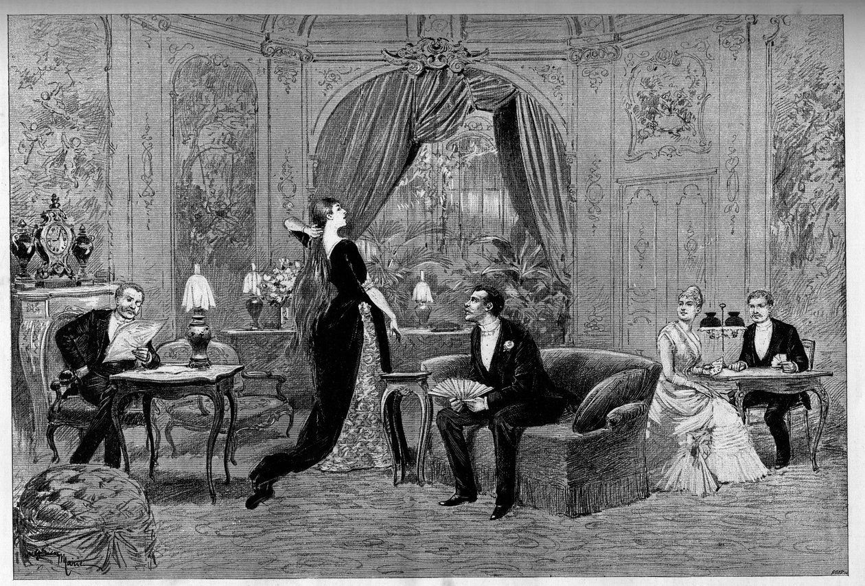 Riverollesin kreivi, Francine, Stanislas de Grandredon, Therese Smith ja Henri de Simeux, Alexandre Dumasin (1824-1895) komedian Francillon näytelmän hahmot Comedie-Francaisessa (1887) Pariisissa. Kaiverrus "" Le monde illustriou tekijältä Unknown artist