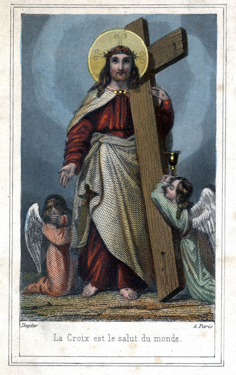 Risti on maailman pelastus. Suosittuja kuvia ristiä kantavasta Kristuksesta. Kaksi enkeliä seisoo hänen rinnallaan. Noin 1850. tekijältä Unknown artist