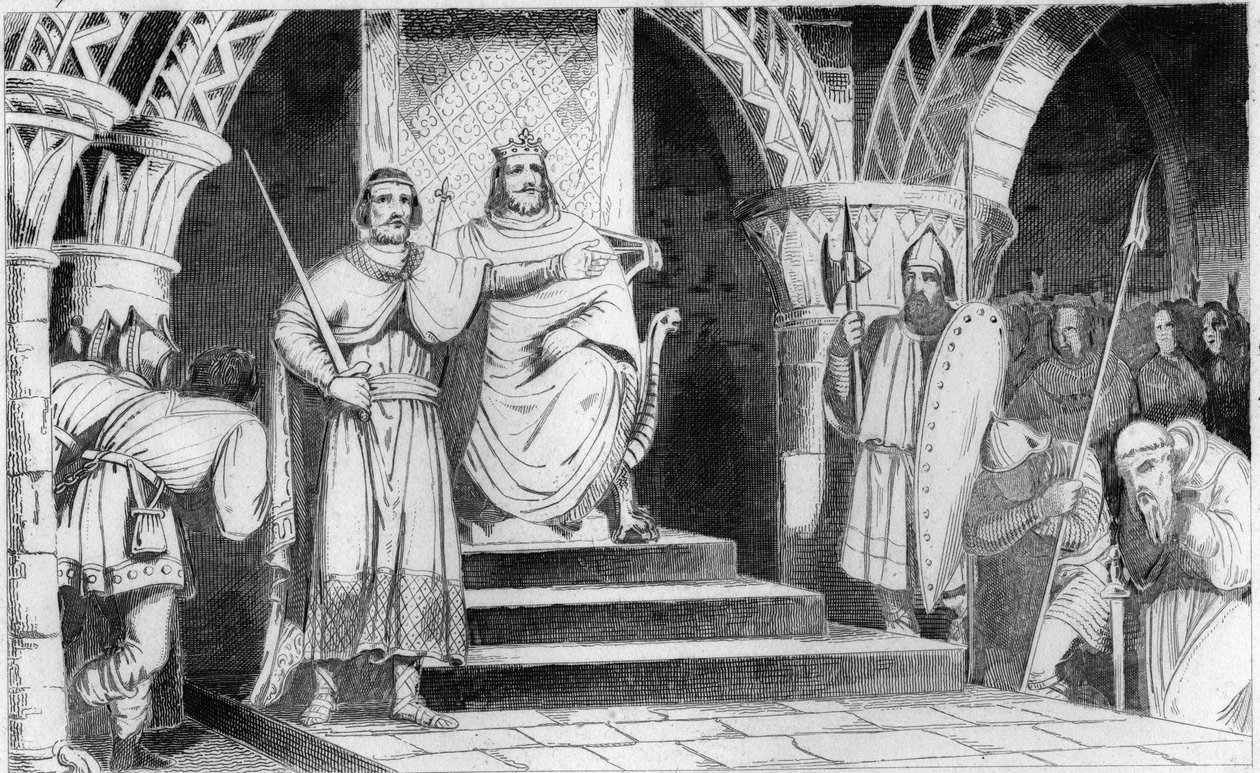 Chilperic II:n (670-721) kruunaus - Rainfroi (Ragenfred) (Neustrien palatsin pormestari) asetti valtaistuimelle Chilperic II:n (670-721) vuonna 715 - Kaiverrus vuodelta 1825 kirjassa "Histoire de France, jota edustavat synoptiset maalaukset dediee Fran lap tekijältä Unknown artist