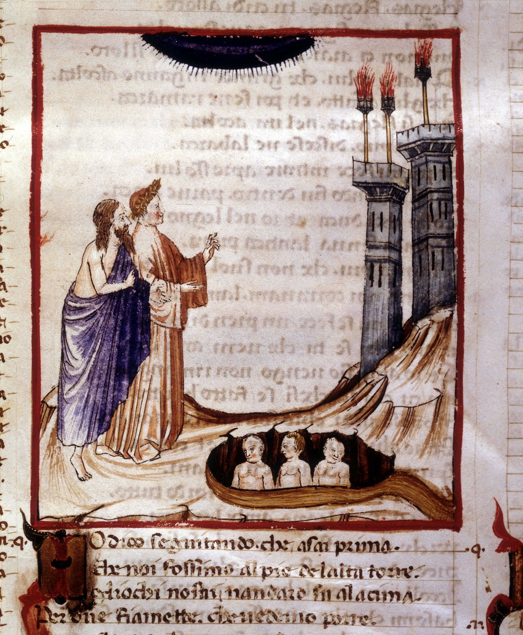 Dante Alighierin jumalallinen komedia. Helvetti. Miniatyyri, joka kuvaa Dityn kaupunkia. 1300-luvun käsikirjoitus. Kunnallinen Raamattu. Riministä. tekijältä Unknown artist