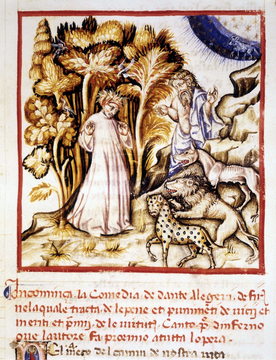 Dante Alighierin jumalallinen komedia. Miniatyyri, joka kuvaa Dantea, Vergiliusa ja kolmea petoa. 1300-luvun käsikirjoitus. Kunnallinen Raamattu. Riministä. tekijältä Unknown artist