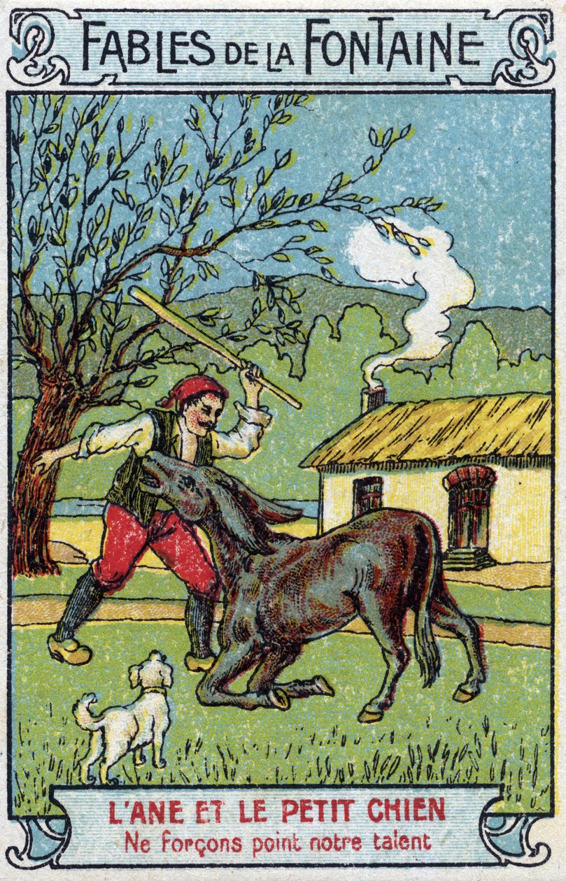 Aasi ja pieni koira - Jean de La Fontainen (1621-95) tarinoita 1800-luvun lopun kromolitografia Yksityinen kokoelma tekijältä Unknown artist