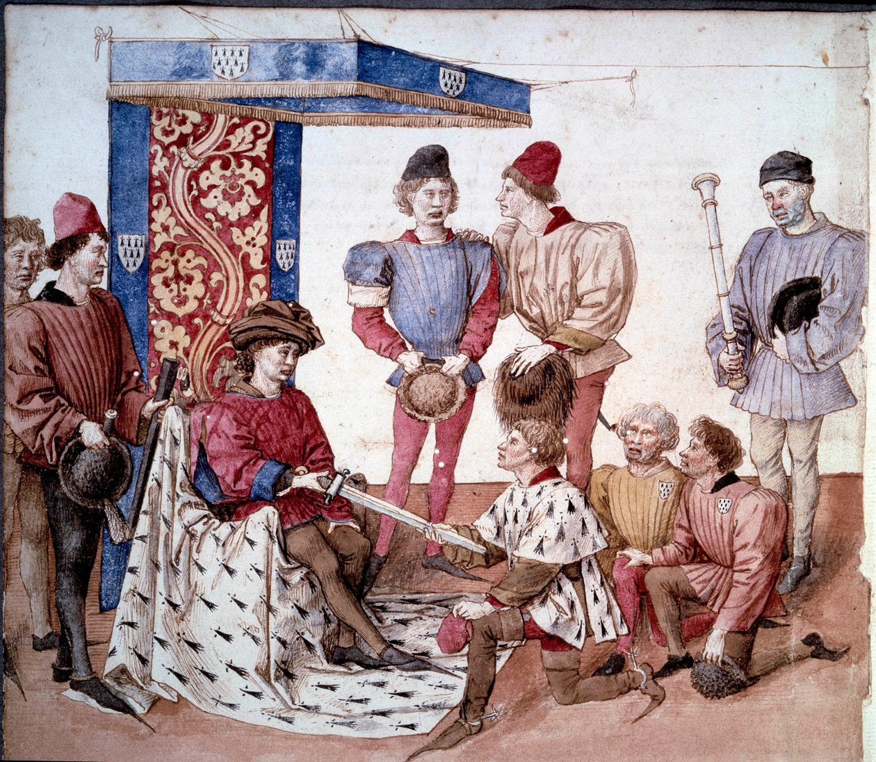 Bretagnen herttua esittelee miekkansa aseiden kuninkaille Miniatyyri, joka on otettu "" Anjoun kuninkaan Renen (Napoli Rene I) (1409-1480) turnausten kirjasta" 1460 Pariisin ympärillä, B.N. tekijältä Unknown artist