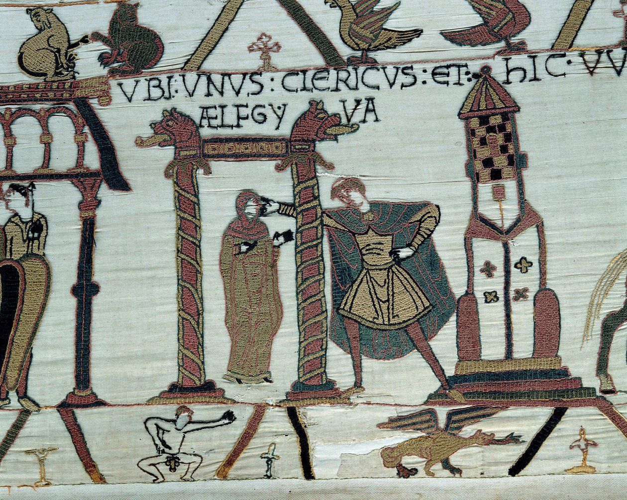Normandian herttua William Valloittaja (1027-1087) lupaa tyttärensä Aelfgyven Haroldille naimisiin Vasemmalla alhaalla, alaston miehen kuva. Yksityiskohta Bayeux