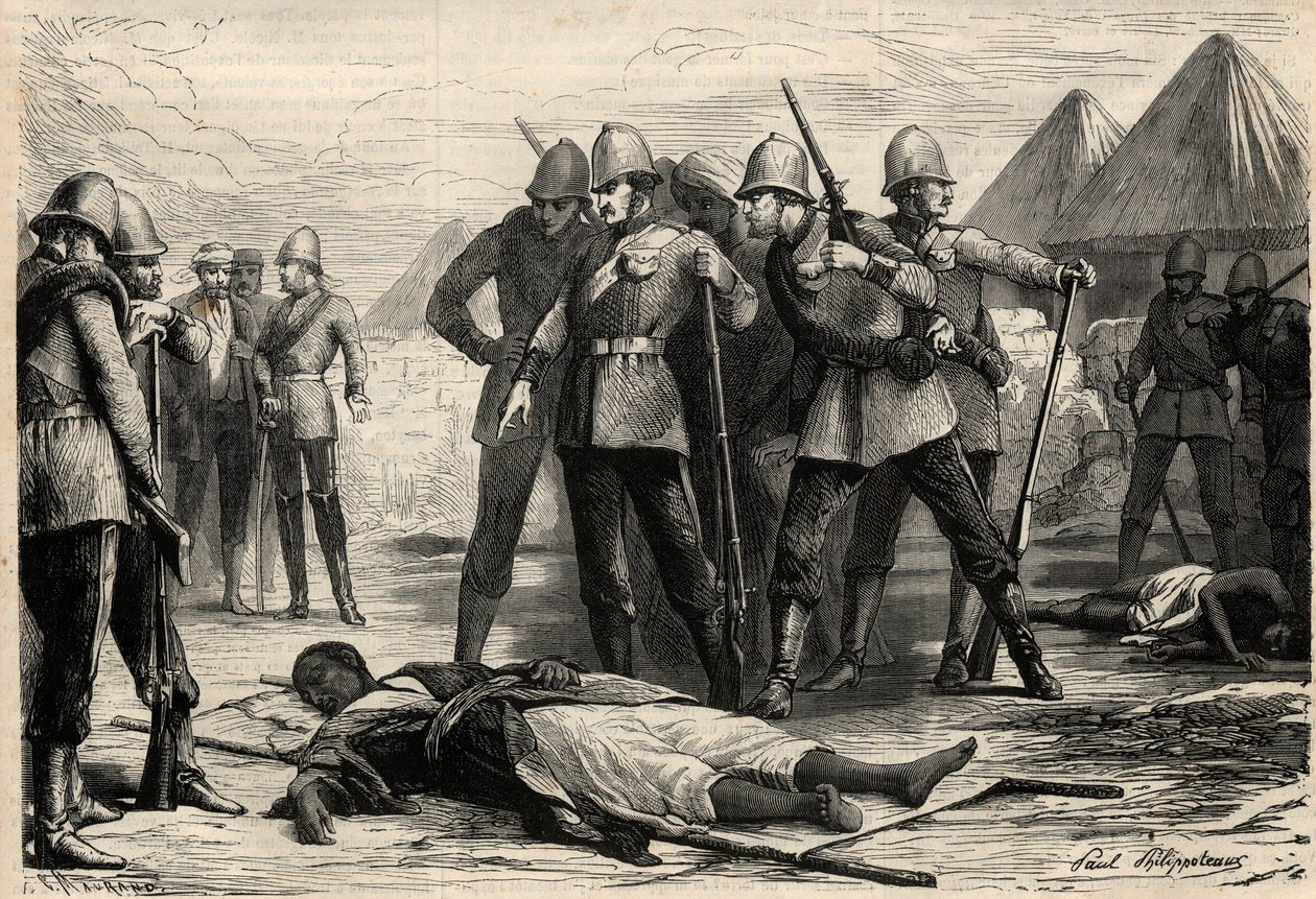 Etiopian keisari (negus) Theodoros II (Tewodros) kuoli 13. huhtikuuta 1868 sen jälkeen, kun englantilaiset valtasivat Magdalan, jonne negusit olivat vetäytyneet. Kaiverrus "" L