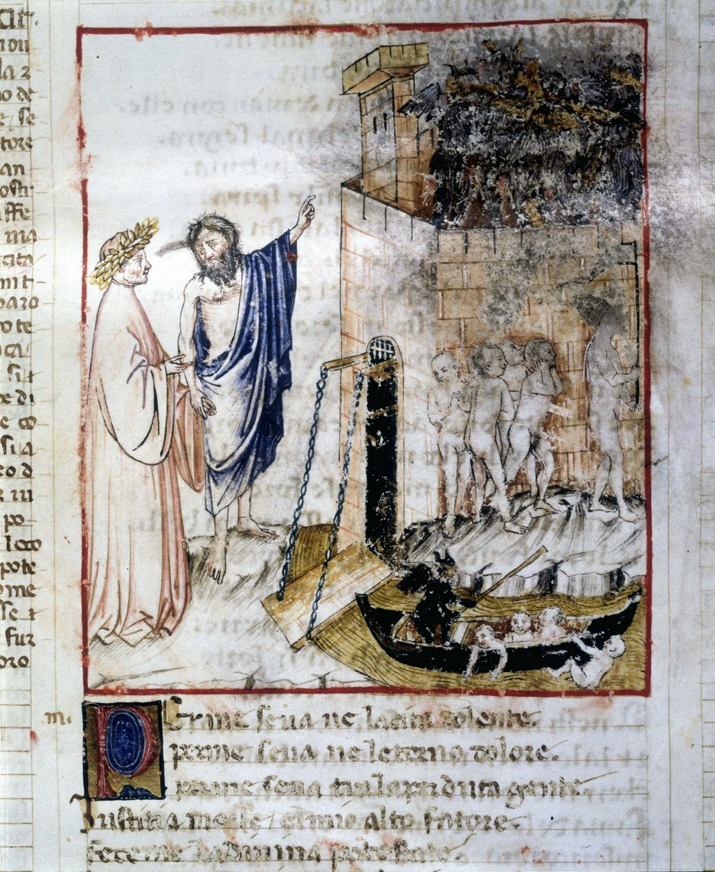 The Entrance of the Underworld - Dante Alighierin "Jumallisessa näytelmässä", miniatyyri 1300-luvun käsikirjoituksesta, Raamattu. Riminin kunta. tekijältä Unknown artist