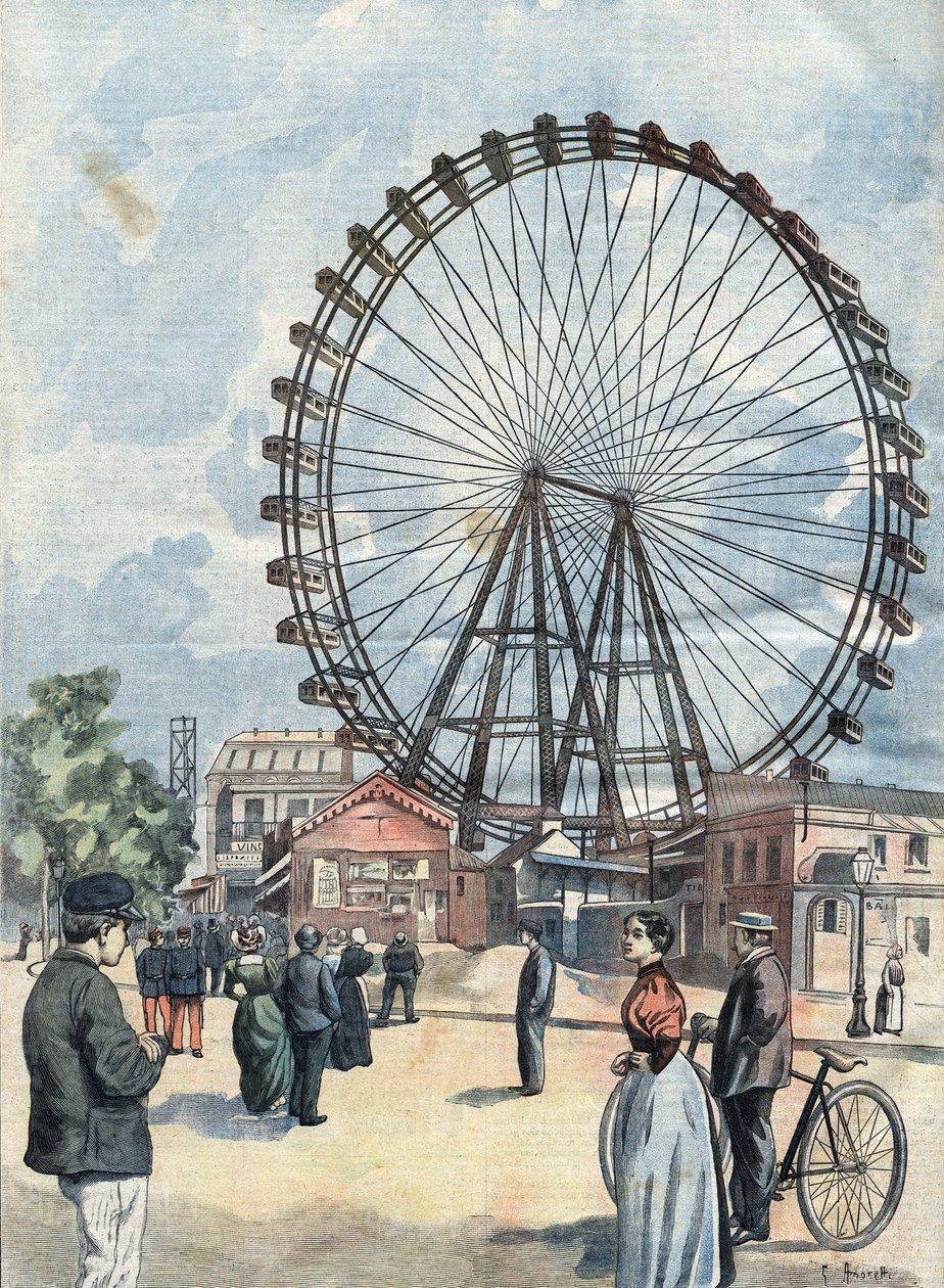 Vuoden 1900 maailmannäyttelyn maailmanpyörä Pariisissa. tekijältä Unknown Artist