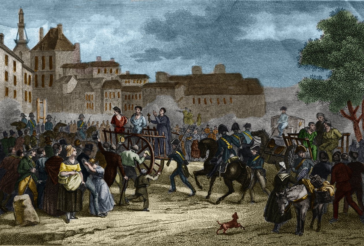 Neljä kersanttia johti scaffaudiin: La Rochellen neljä kersanttia (Bories, Pomier, Raoulx ja Goudin) syytettiin entisöinnin aikana monarkian ja giljotiinien kaatamisesta vuonna 1822. Heidän rikoksensa on kuulua Charbonnerielle (Carboner). tekijältä Unknown artist