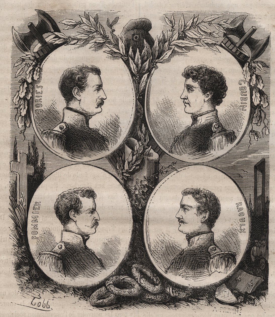 Neljä Sergenttiä (Jean Francois Bories (1795-1822), Jean Joseph Pommier (1796-1822), Marius Claude Raoulx (1797-1822)) ja Charles Goubin (1798-1822) La Rochellesta, joita syytettiin entisöinnin aikana halusta kukistaa monarkia ja giljotiinit vuonna 1822 tekijältä Unknown artist